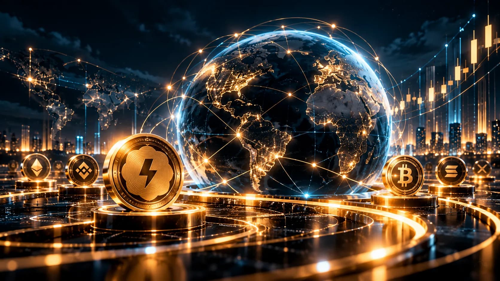 Digital asset symbols around an imagined connected globe