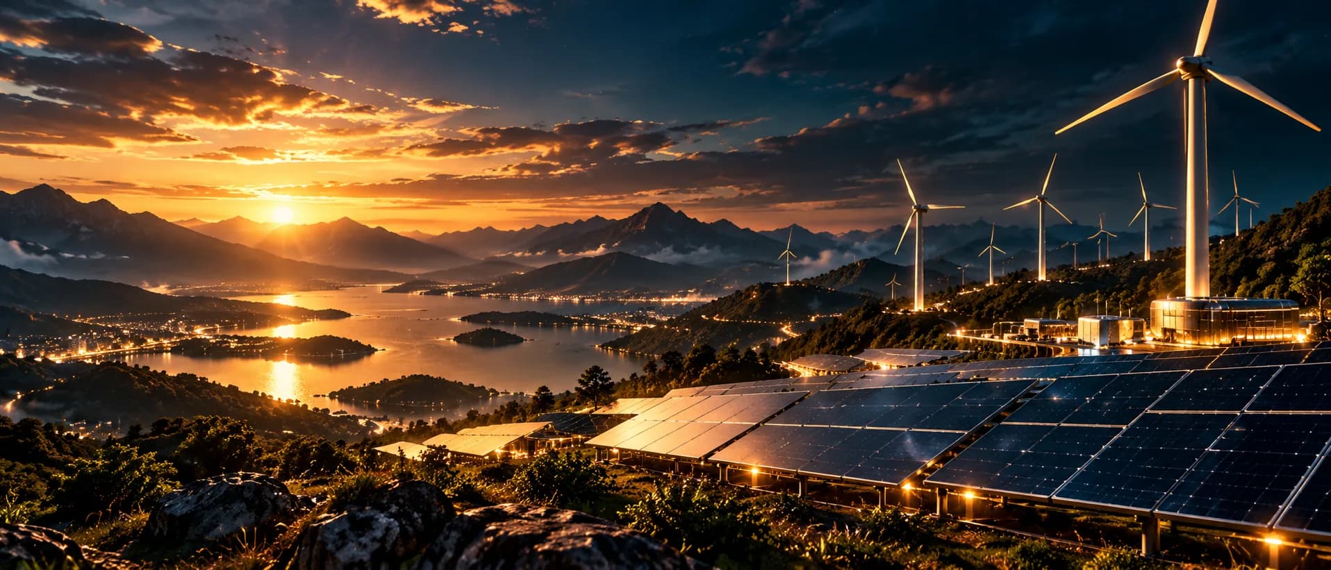Generated renewable landscape with solar panels and wind turbines