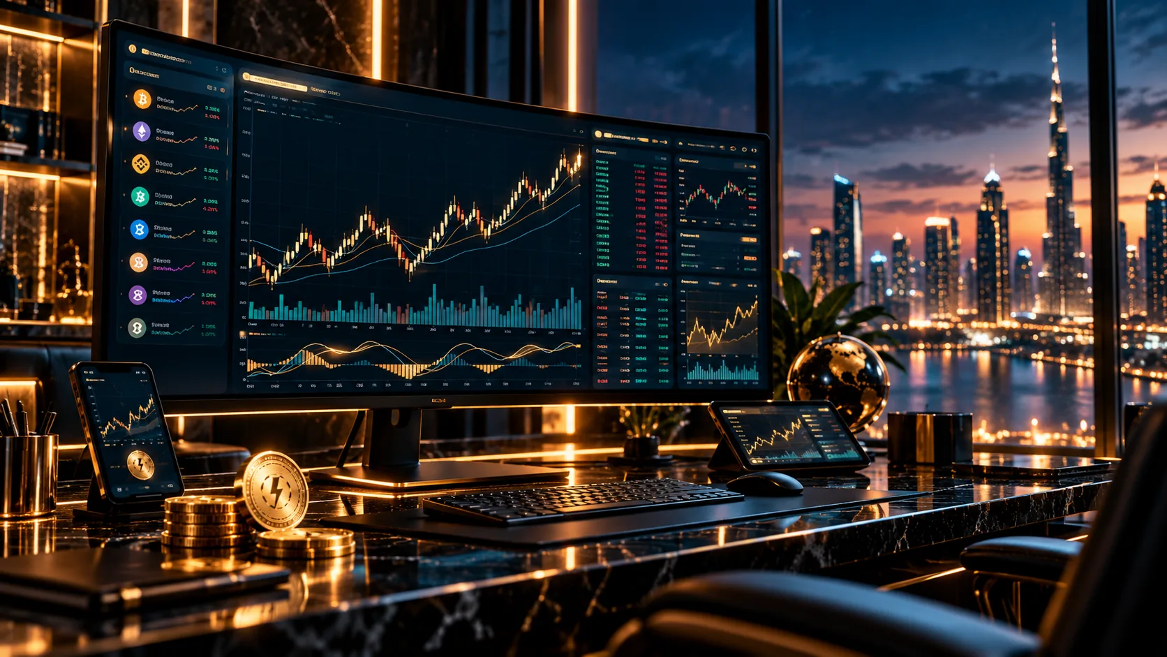 Illustrative trading desk with conceptual screens, not live market data
