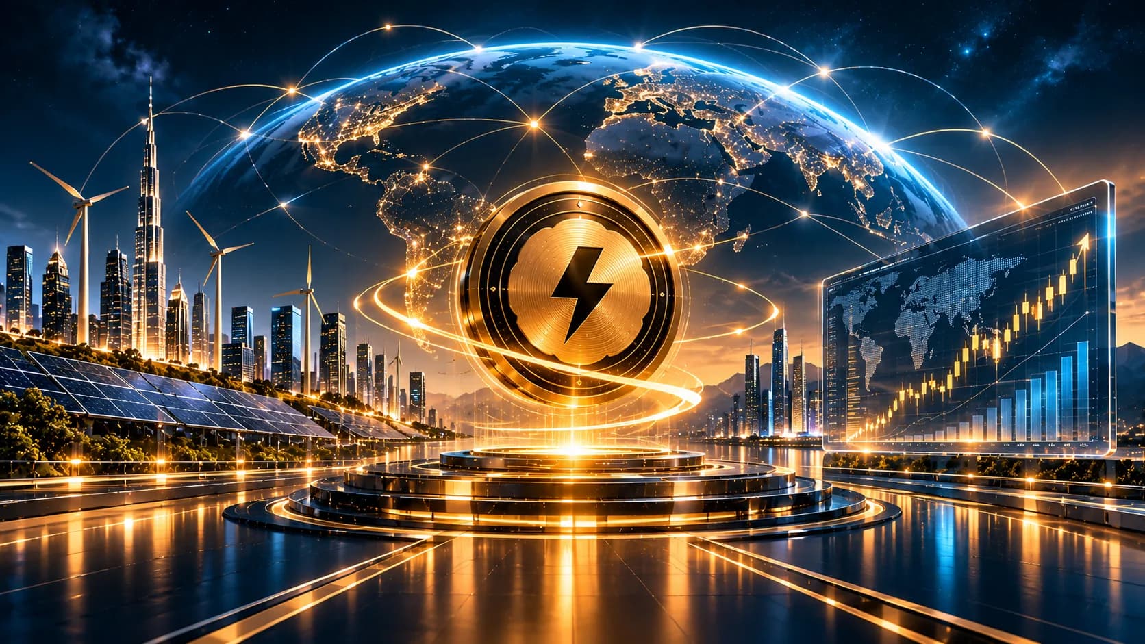 Imagined global finance city connecting digital assets and renewable energy