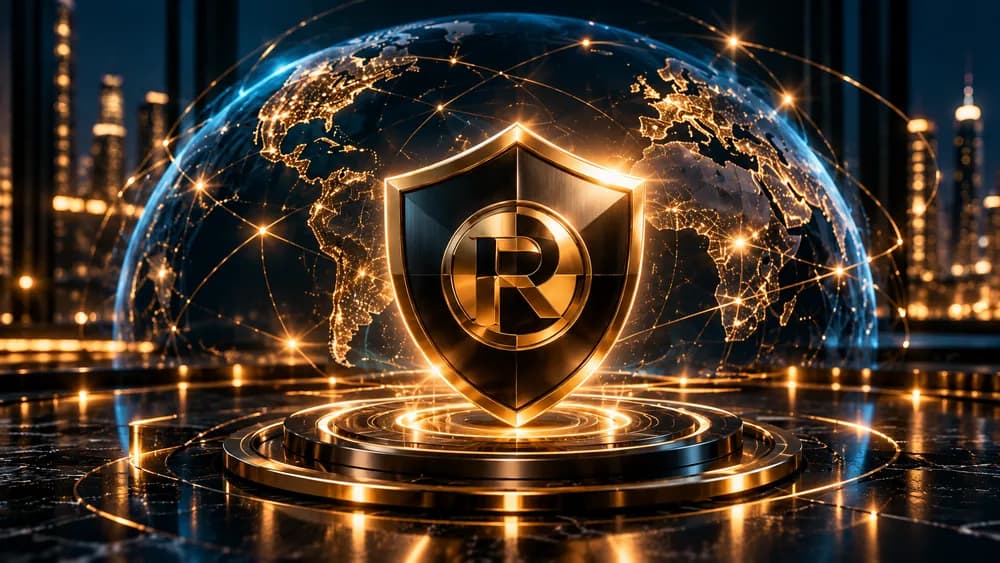 Conceptual gold shield over a connected globe, not a certification