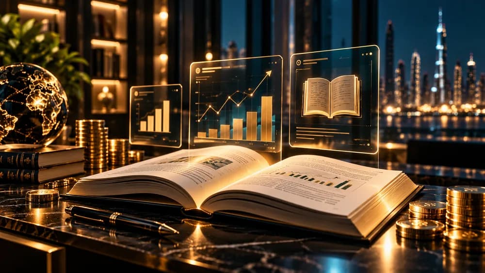 Illustrative financial learning still life with an open book