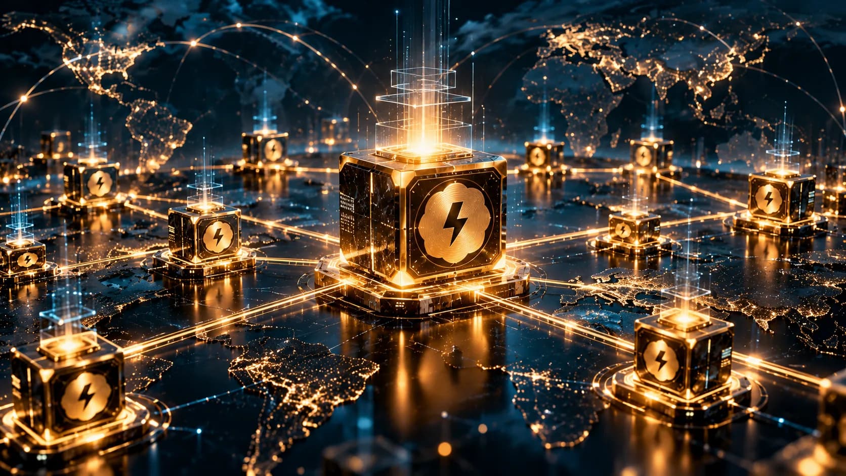 Conceptual connected blockchain cubes, not a live validator network